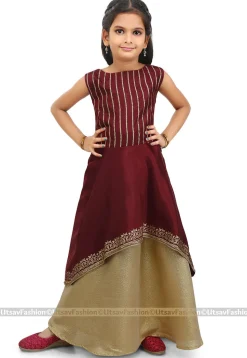 Block Printed Art Silk Jacket Style Lehenga in Wine