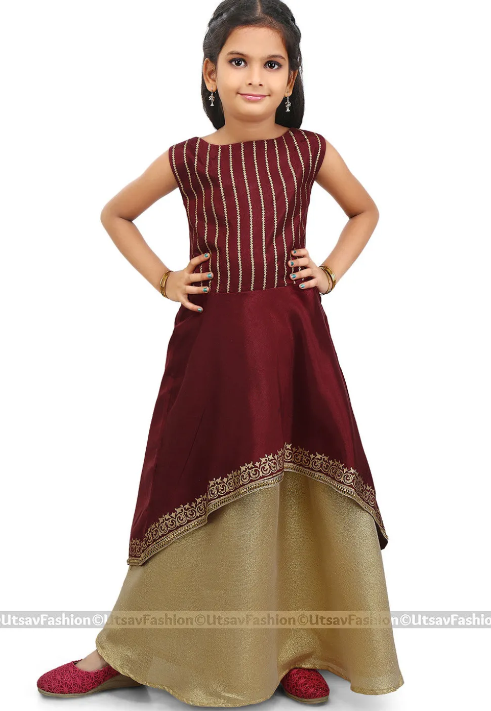 Block Printed Art Silk Jacket Style Lehenga in Wine