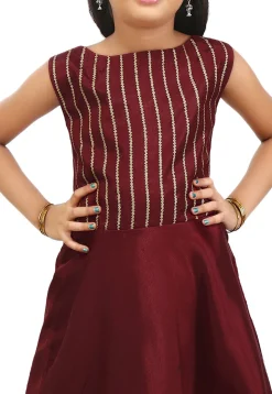 Block Printed Art Silk Jacket Style Lehenga in Wine