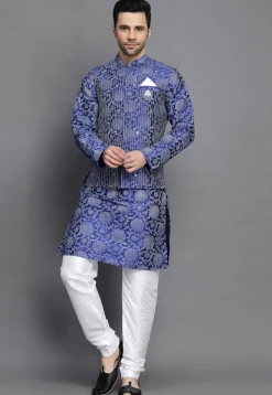 Block Printed Art Silk Kurta Jacket Set in Royal Blue