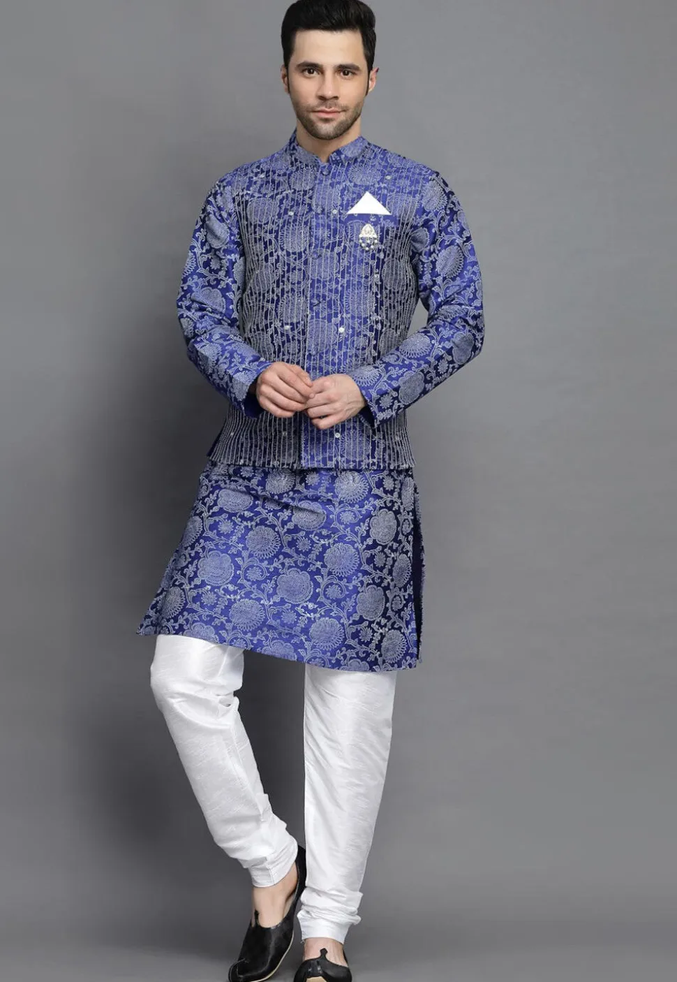 Block Printed Art Silk Kurta Jacket Set in Royal Blue