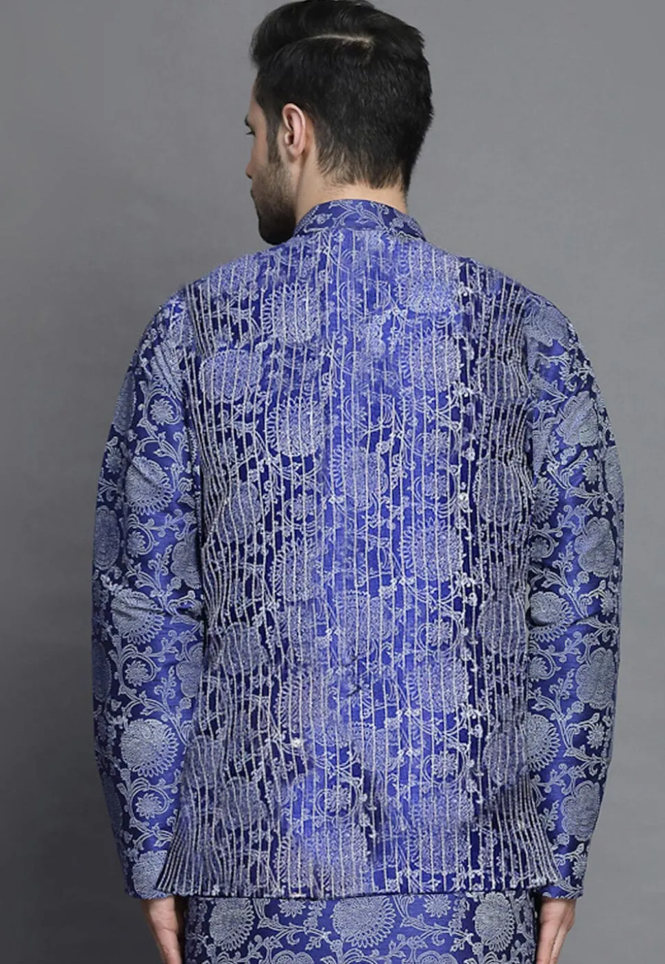 Block Printed Art Silk Kurta Jacket Set in Royal Blue
