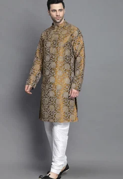 Block Printed Art Silk Kurta Set in Beige