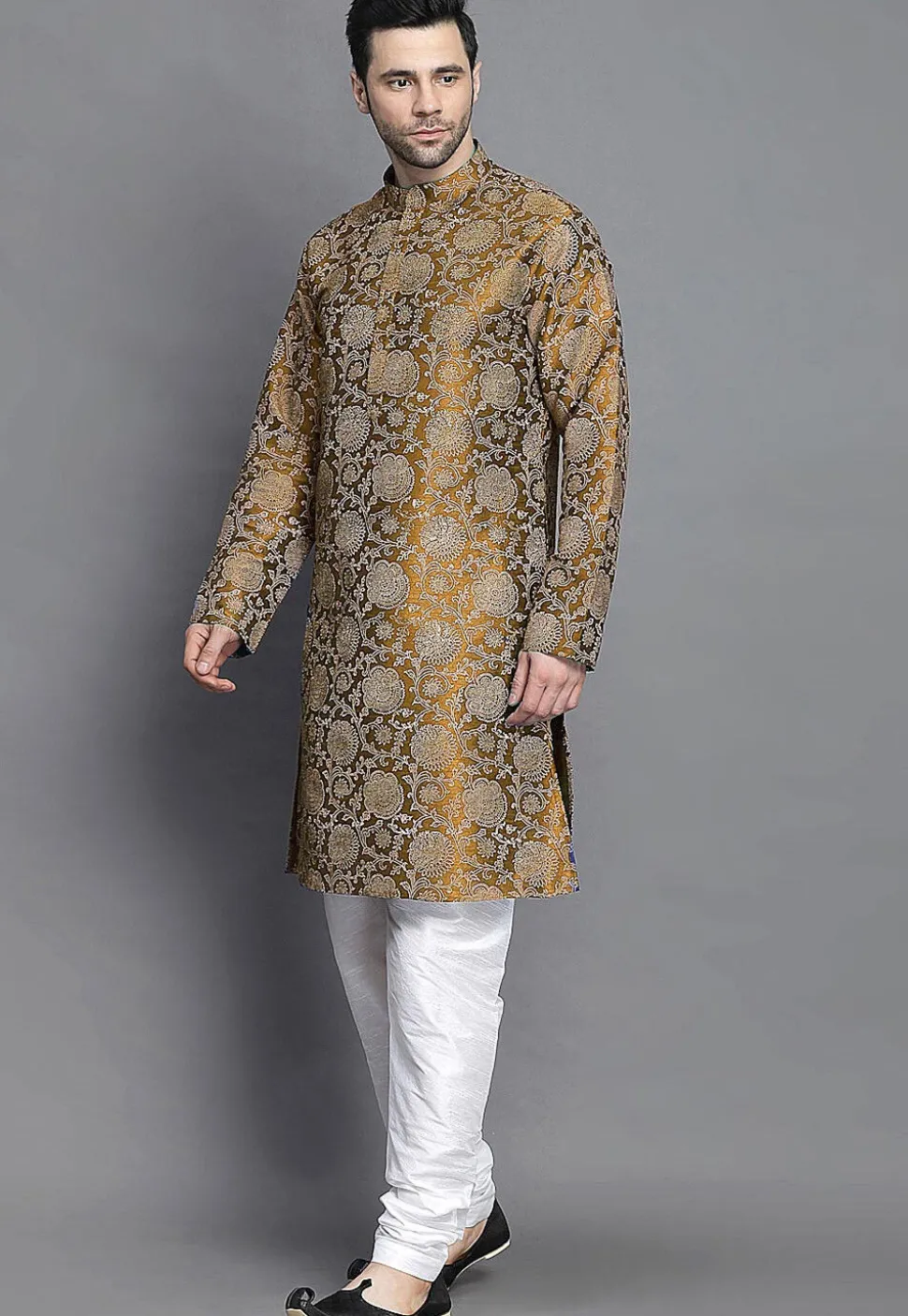 Block Printed Art Silk Kurta Set in Beige