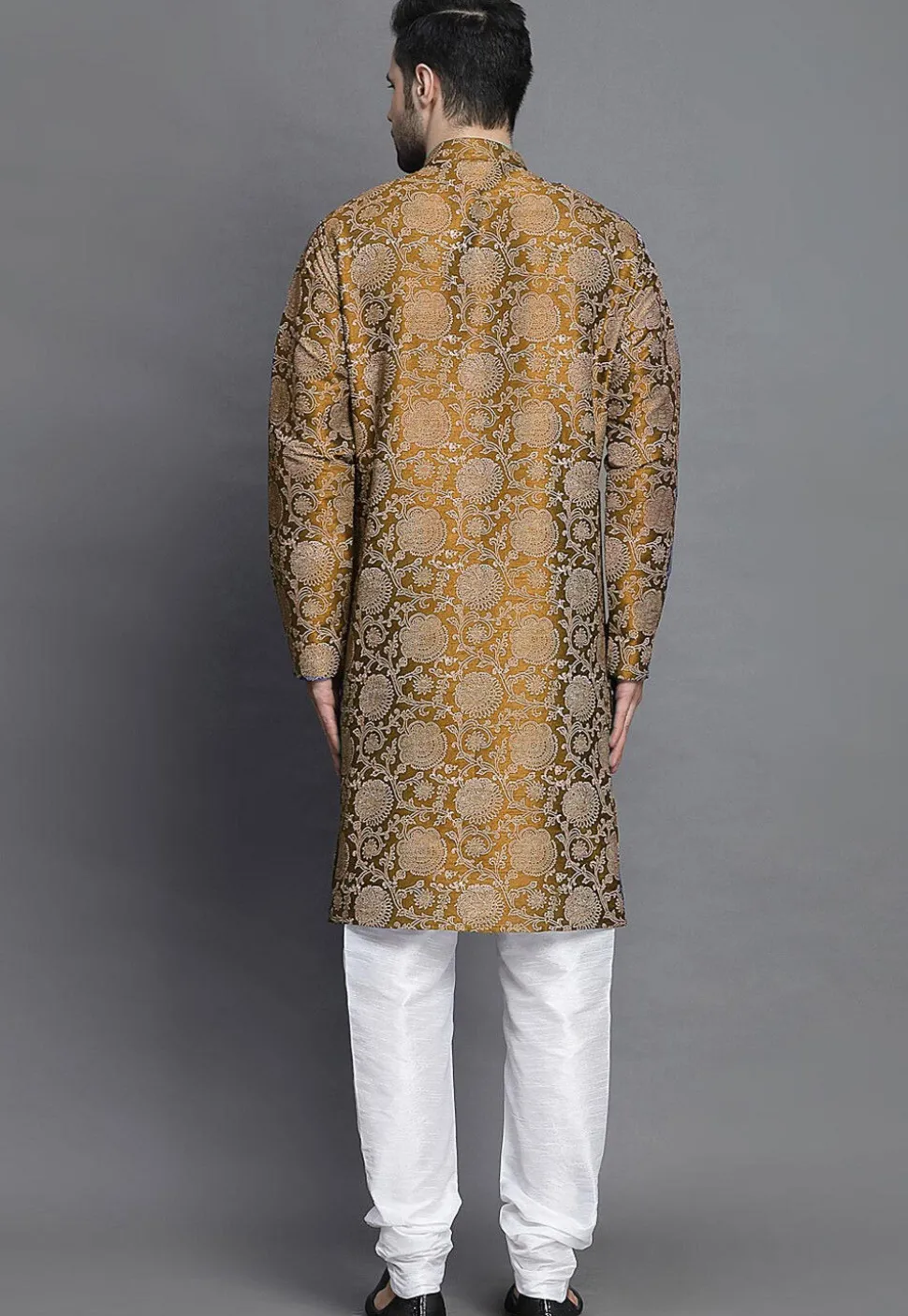 Block Printed Art Silk Kurta Set in Beige