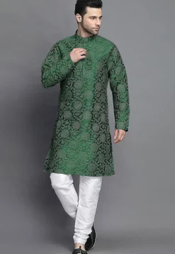 Block Printed Art Silk Kurta Set in Dark Green
