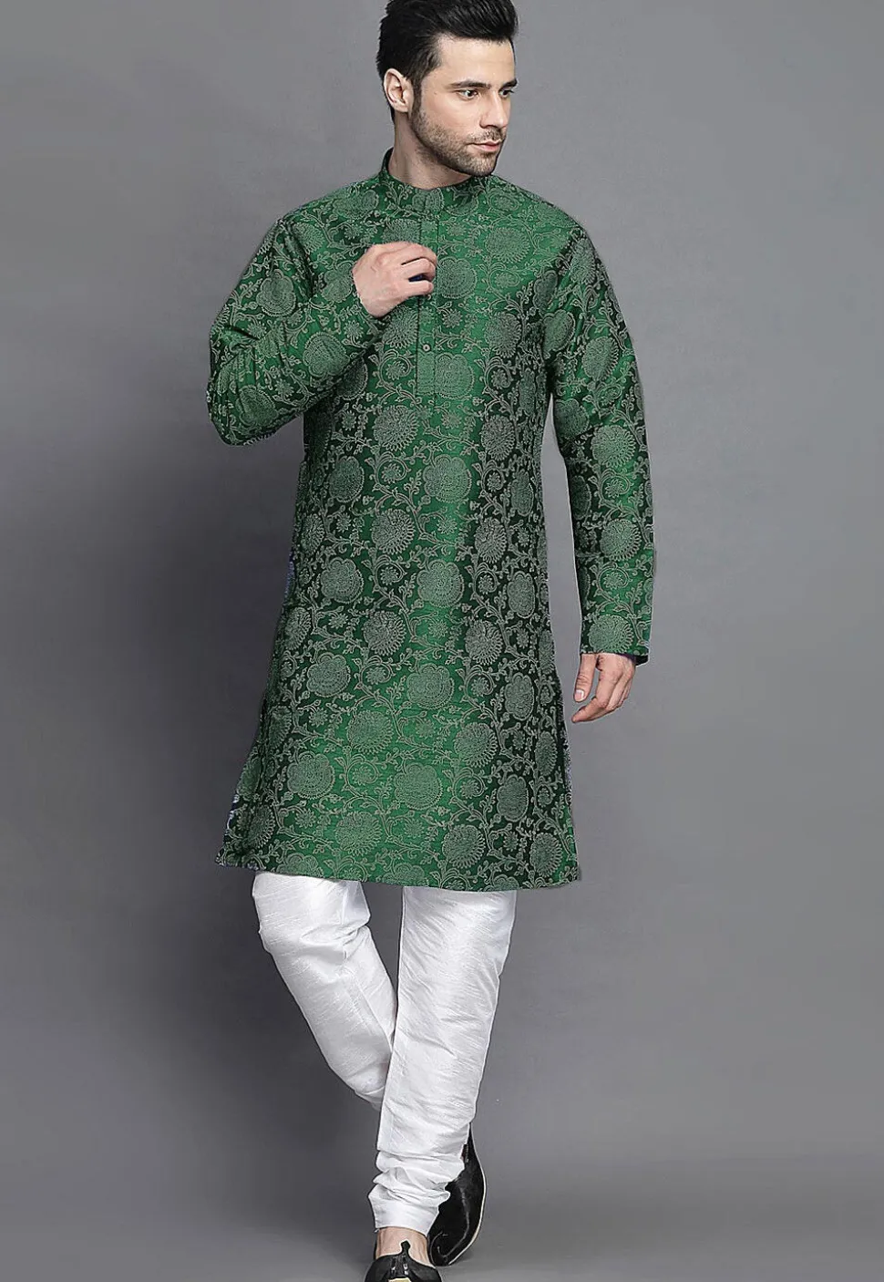 Block Printed Art Silk Kurta Set in Dark Green