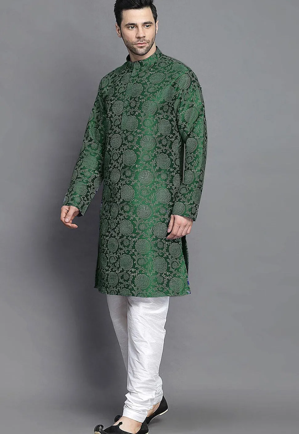 Block Printed Art Silk Kurta Set in Dark Green