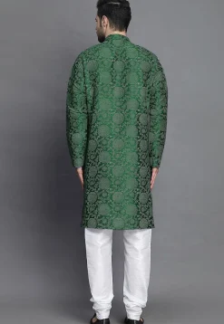 Block Printed Art Silk Kurta Set in Dark Green