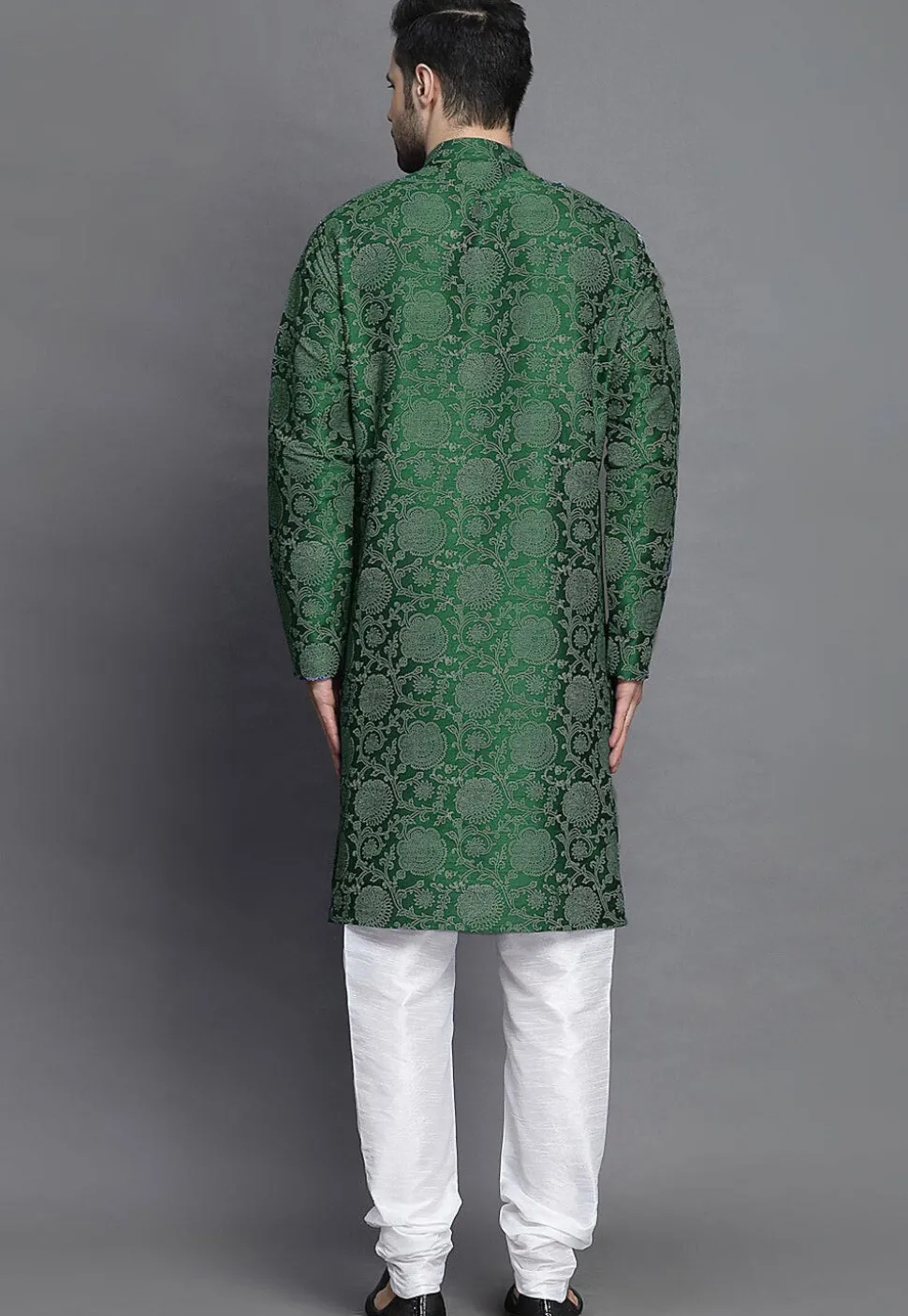 Block Printed Art Silk Kurta Set in Dark Green