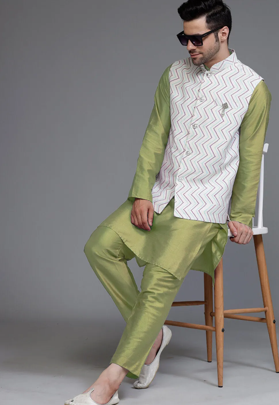 Block Printed Art Silk Kurta Set in Olive Green and Off White
