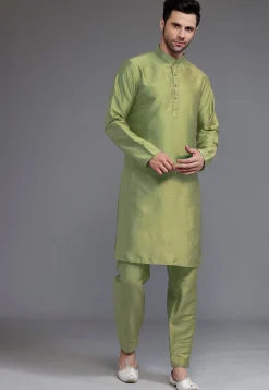 Block Printed Art Silk Kurta Set in Olive Green and Off White