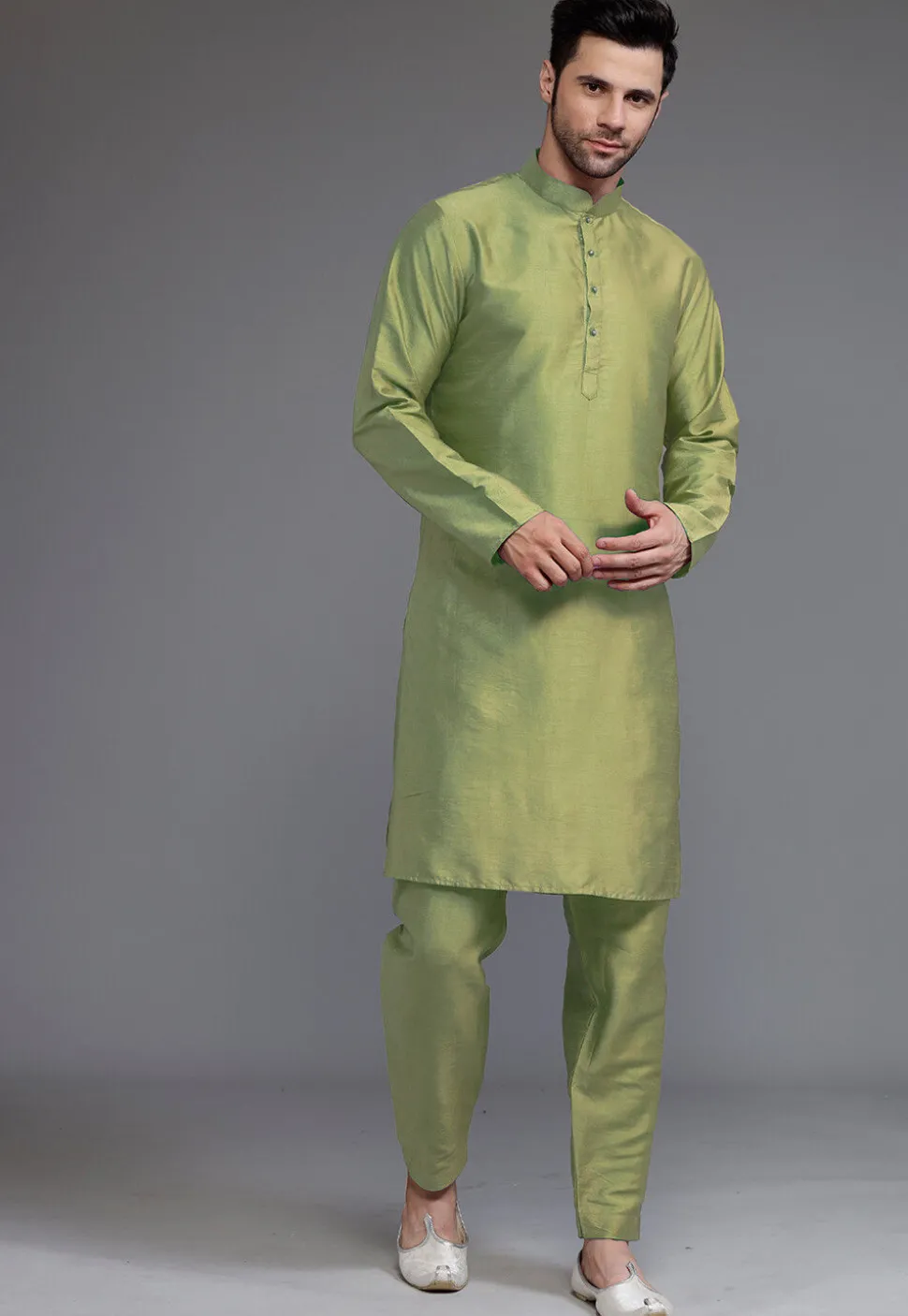 Block Printed Art Silk Kurta Set in Olive Green and Off White