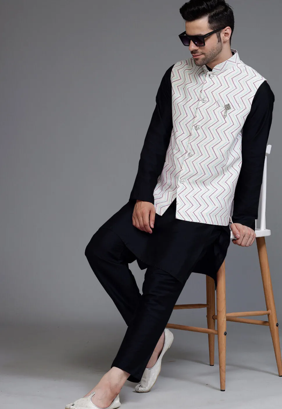 Block Printed Art Silk Kurta Set in Black and Off White