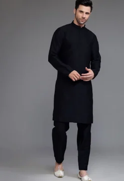 Block Printed Art Silk Kurta Set in Black and Off White