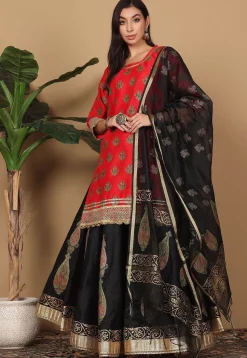 Block Printed Art Silk Lehenga in Black