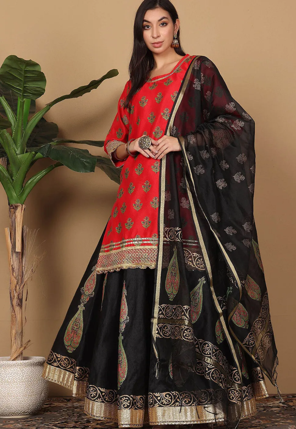 Block Printed Art Silk Lehenga in Black