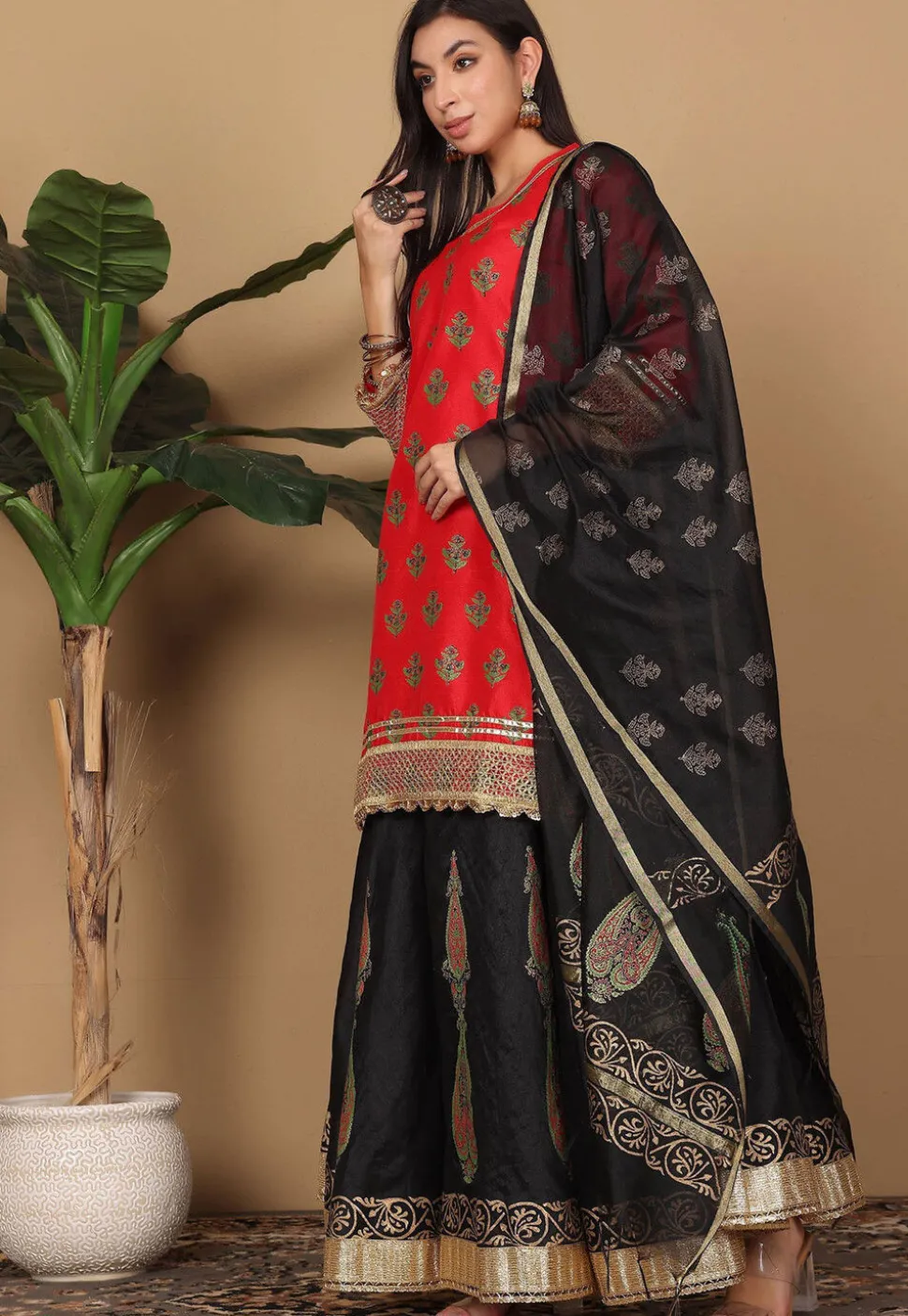 Block Printed Art Silk Lehenga in Black