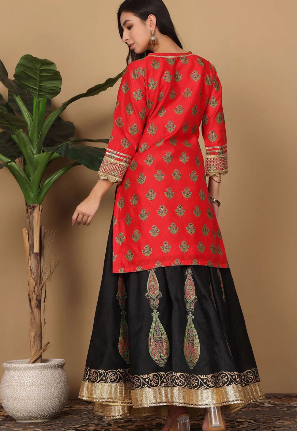 Block Printed Art Silk Lehenga in Black
