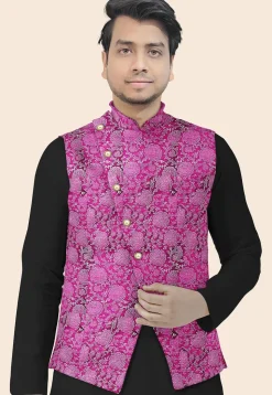 Block Printed Art Silk Nehru Jacket in Magenta