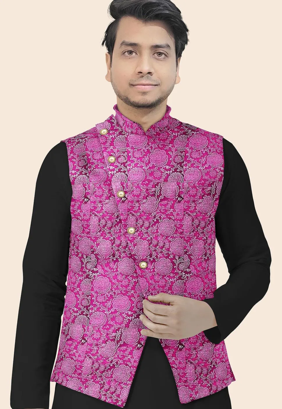 Block Printed Art Silk Nehru Jacket in Magenta