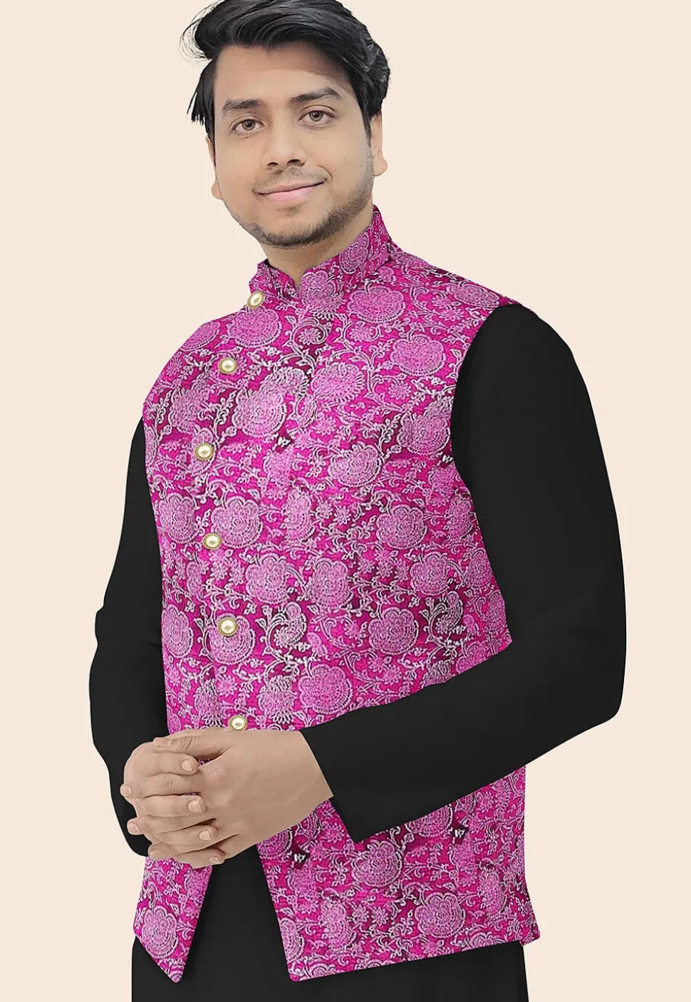 Block Printed Art Silk Nehru Jacket in Magenta