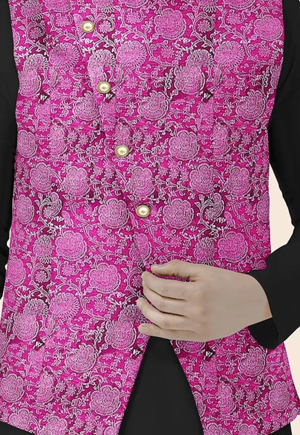 Block Printed Art Silk Nehru Jacket in Magenta