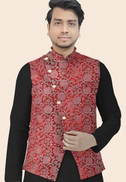 Block Printed Art Silk Nehru Jacket in Maroon