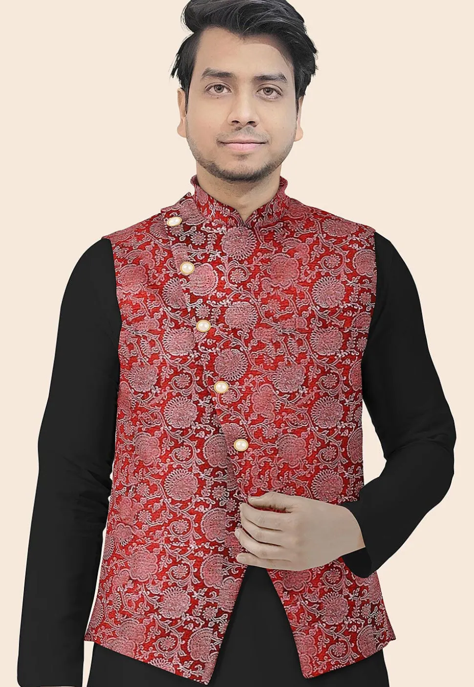Block Printed Art Silk Nehru Jacket in Maroon