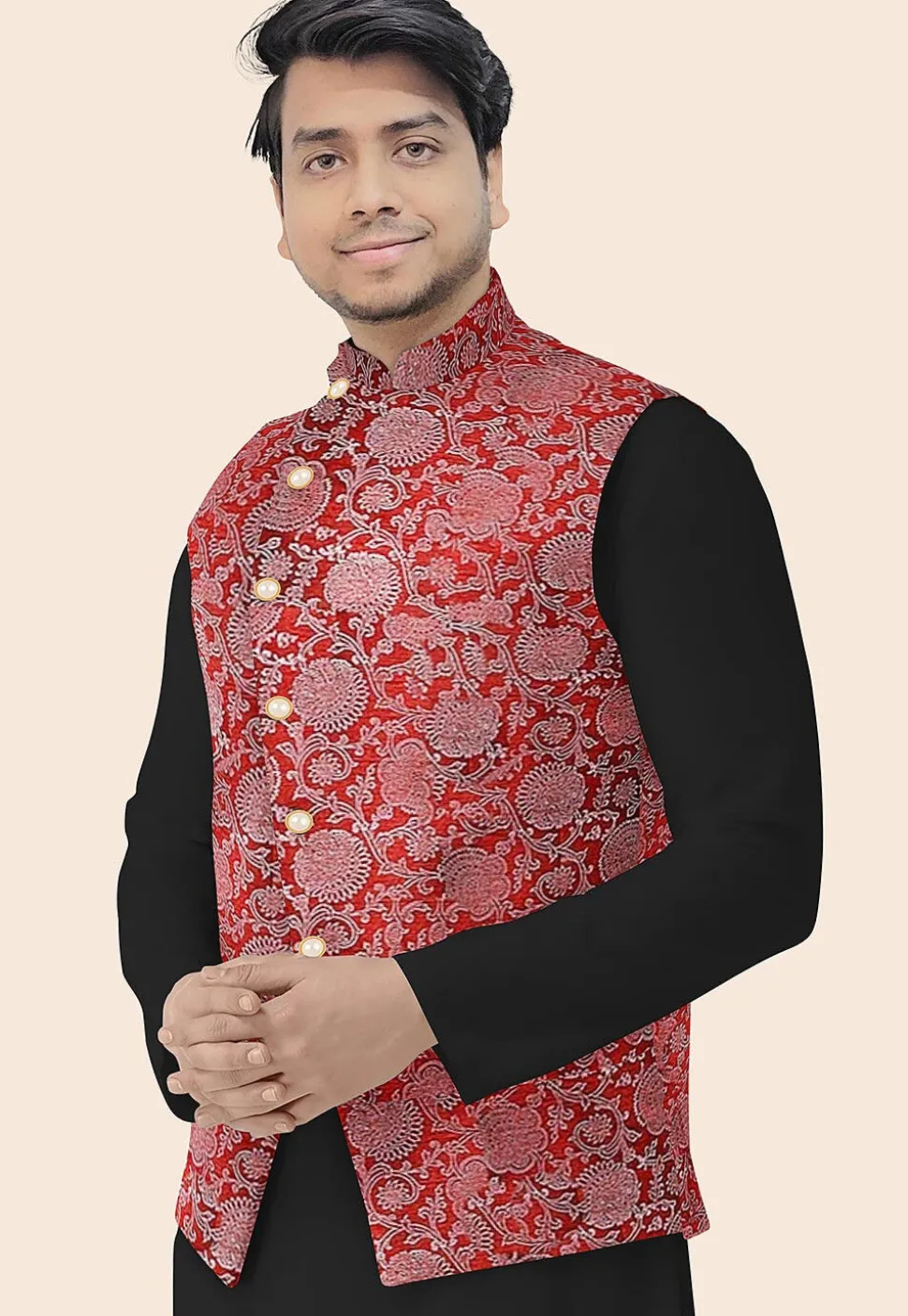Block Printed Art Silk Nehru Jacket in Maroon