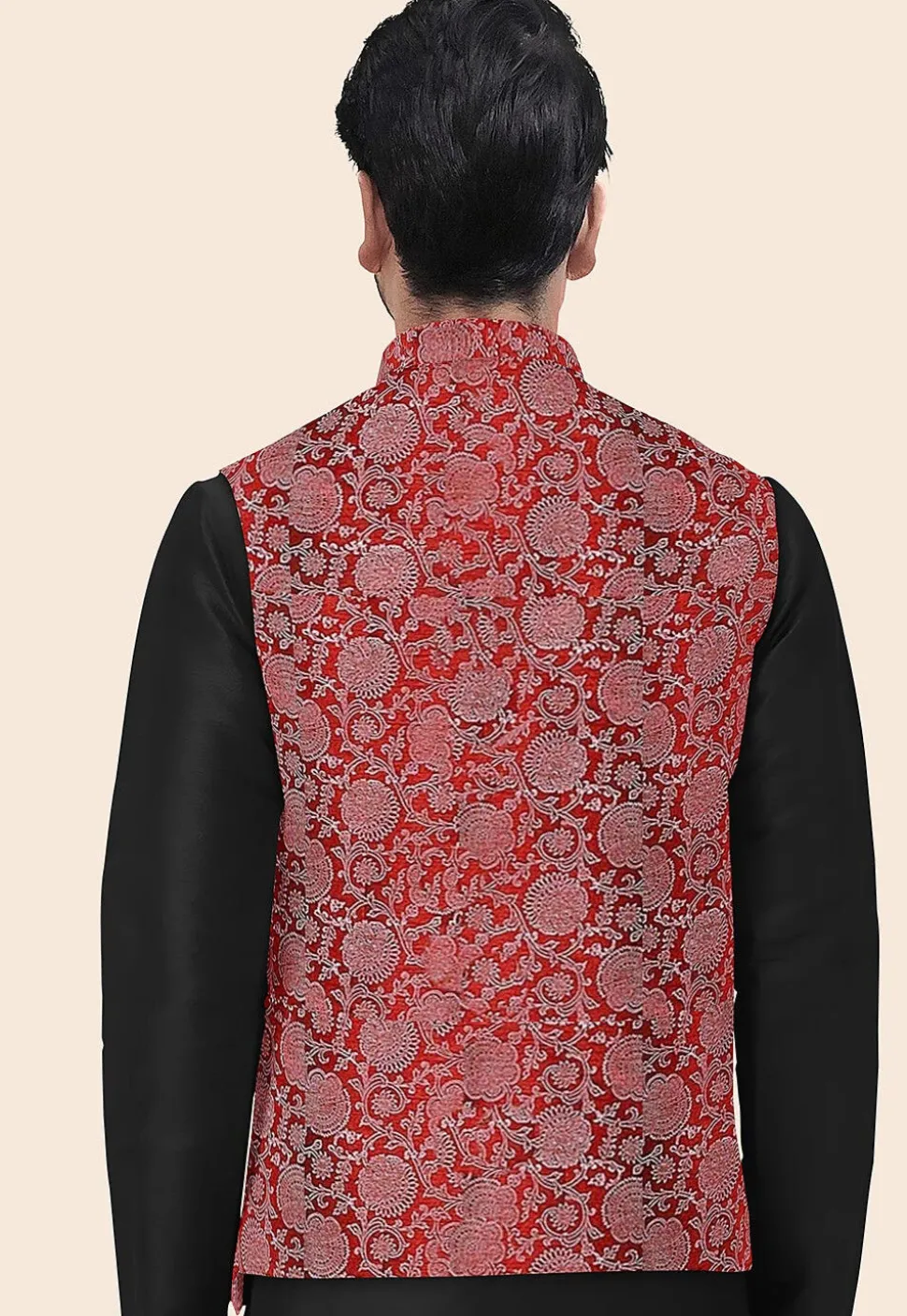 Block Printed Art Silk Nehru Jacket in Maroon
