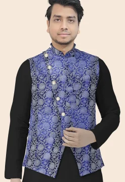 Block Printed Art Silk Nehru Jacket in Royal Blue