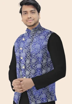 Block Printed Art Silk Nehru Jacket in Royal Blue