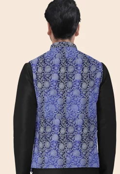 Block Printed Art Silk Nehru Jacket in Royal Blue