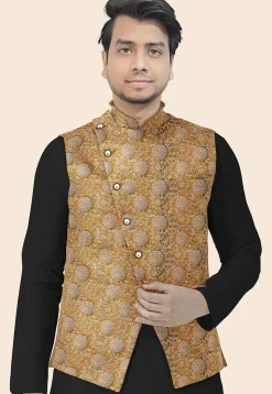 Block Printed Art Silk Nehru Jacket in Olive Green