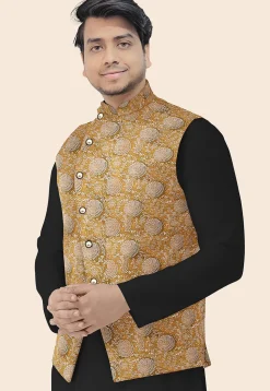 Block Printed Art Silk Nehru Jacket in Olive Green