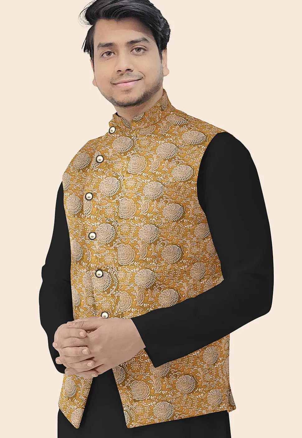 Block Printed Art Silk Nehru Jacket in Olive Green