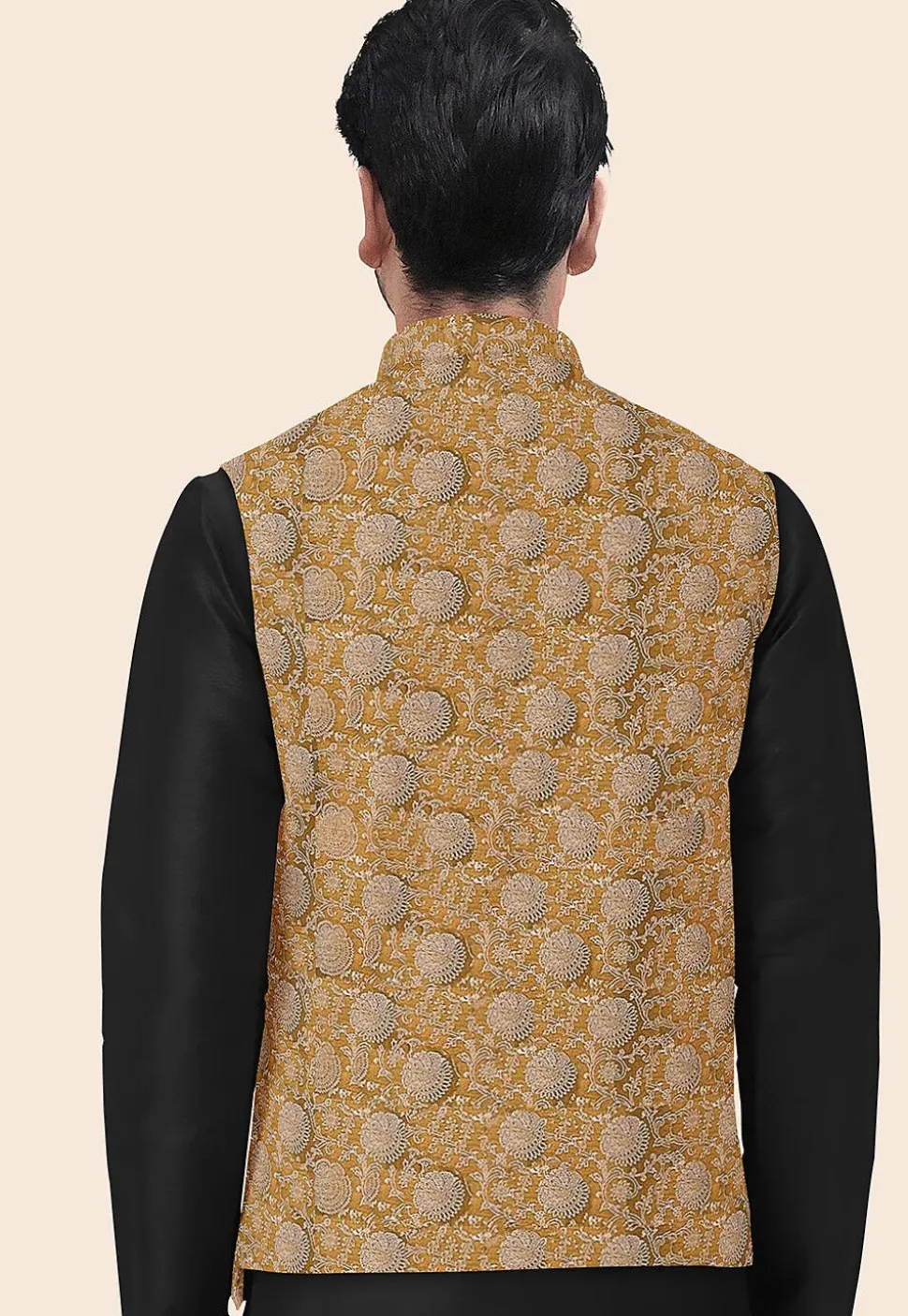 Block Printed Art Silk Nehru Jacket in Olive Green