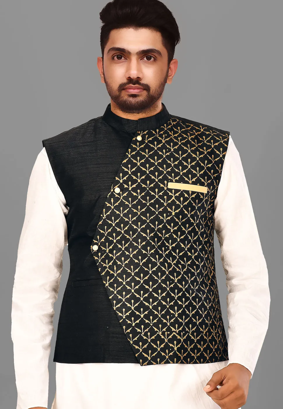 Block Printed Art Silk Nehru Jacket in Black