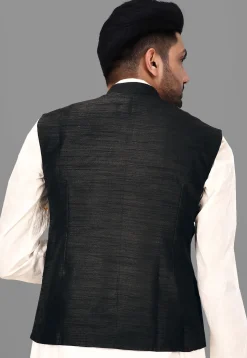 Block Printed Art Silk Nehru Jacket in Black
