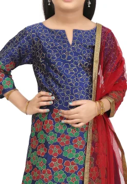 Block Printed Art Silk Punjabi Suit in Dark Blue