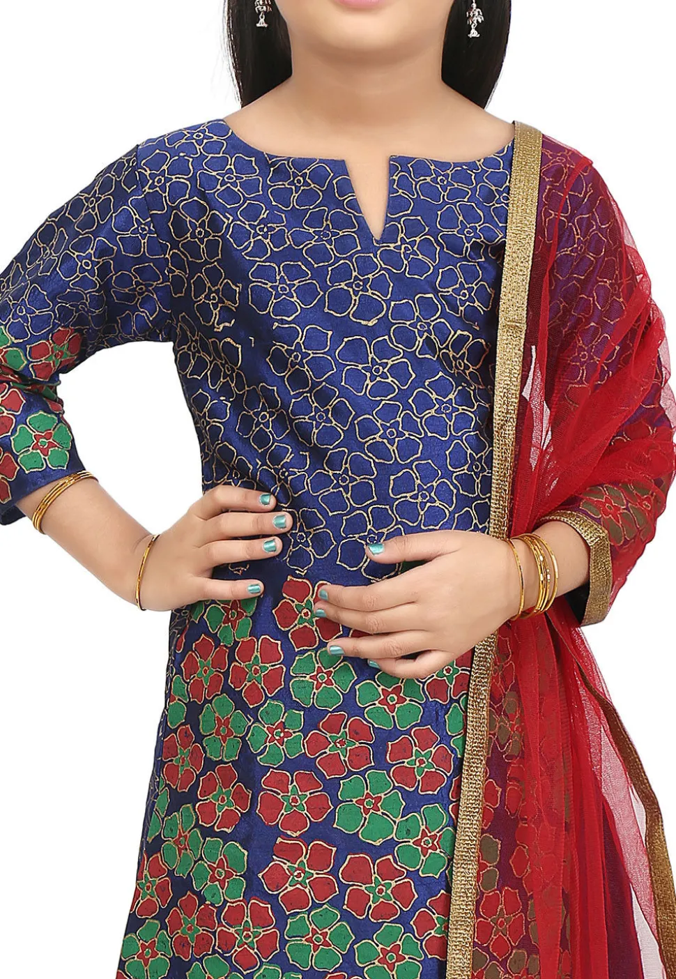 Block Printed Art Silk Punjabi Suit in Dark Blue
