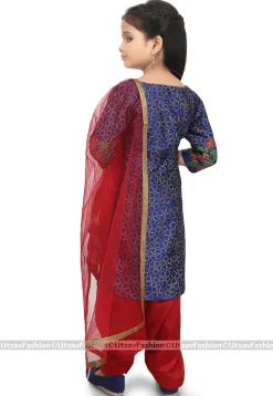 Block Printed Art Silk Punjabi Suit in Dark Blue