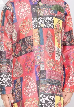 Block Printed Art Silk Sherwani in Multicolor