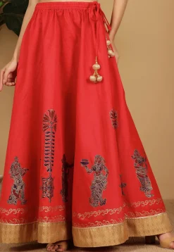 Block Printed Art Silk Skirt in Red