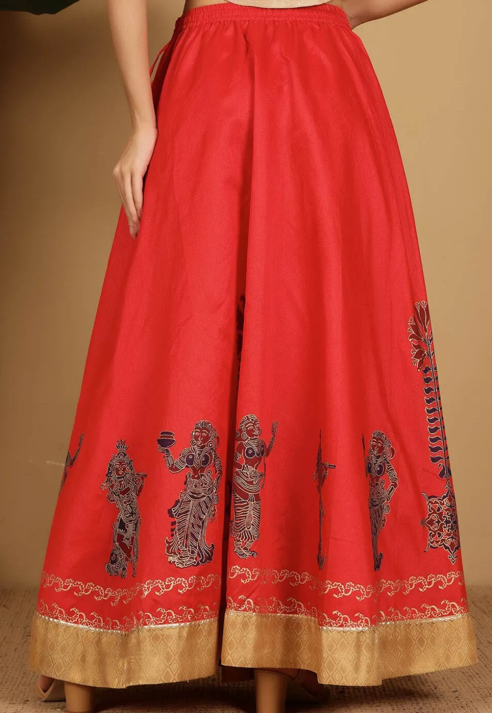 Block Printed Art Silk Skirt in Red