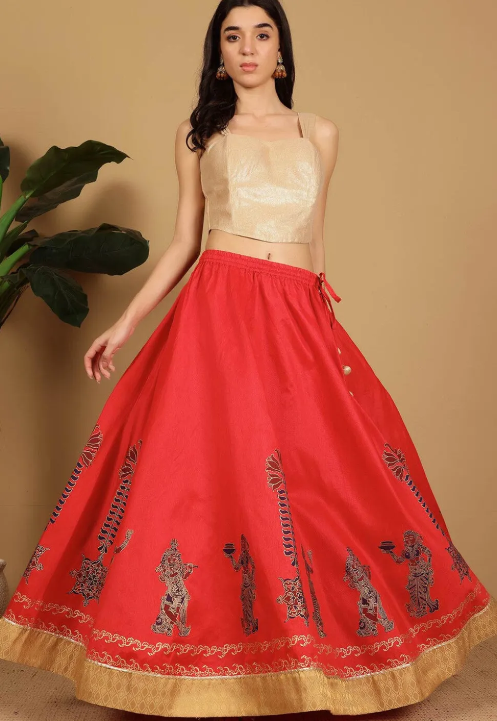 Block Printed Art Silk Skirt in Red