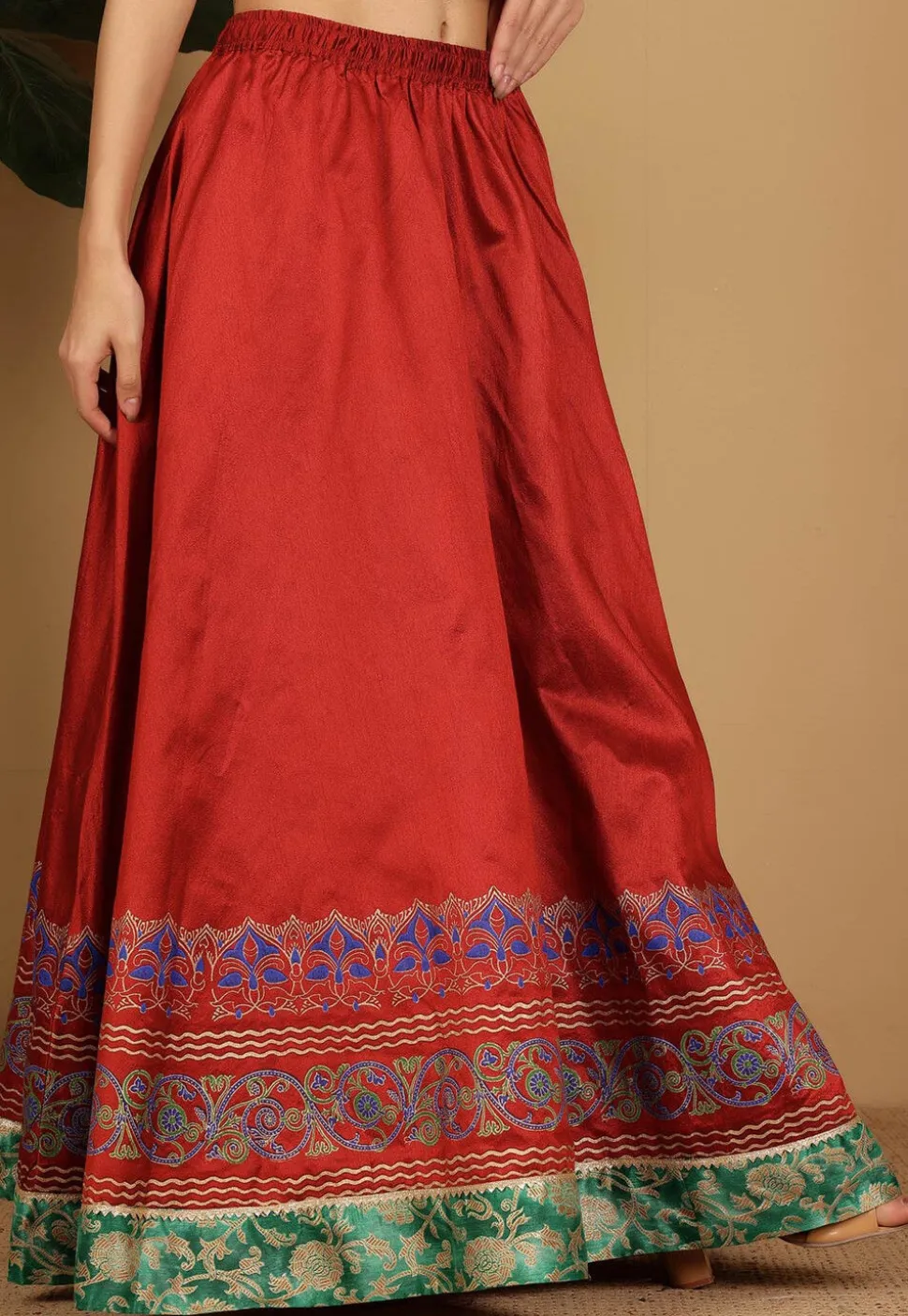 Block Printed Art Silk Skirt in Maroon