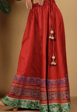 Block Printed Art Silk Skirt in Maroon