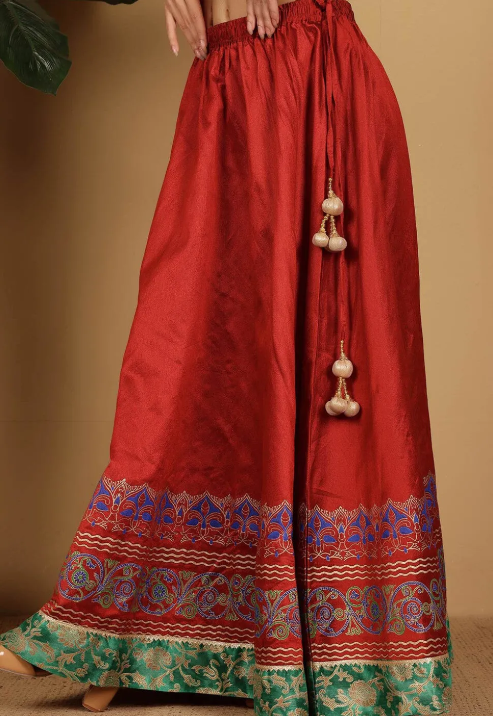 Block Printed Art Silk Skirt in Maroon